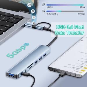 8포트 USB C타입 허브 도킹 스테이션 (3.5mm 오디오 잭 어댑터 마이크로 SD 카드 리더 노트북/태블릿/휴대