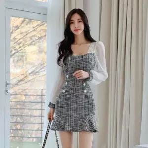 무천도사 원피스 여친 쉬폰 봄가을 프릴 블라우스형 머메이드 벌룬소매 스퀘어넥 KKE3