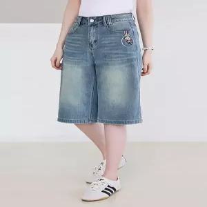 [WPBG]리본 도그 자수 6부 캐주얼 데님 팬츠