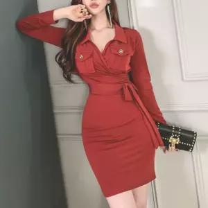 EAMT 원피스 긴팔 허리 드레스 슬림핏 조임 여성원피스 스트랩 랩 섹시 YJ1