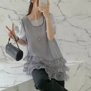 [옷자락]여성 시스루 프릴 언발 캉캉 레이어드 민소매 여름 조끼