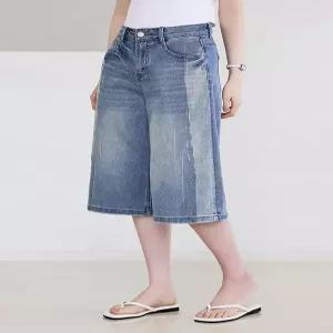 [WPBG]블링 비즈 사이드 라인 워싱 와이드 반바지 데님 팬츠