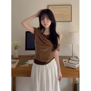 출근룩 엘루이즈 가브니 드레이프넥 레이어드 나시 셔링 캡소매 티셔츠(4color)