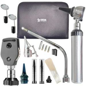 Otoscope Oph 진단 키트 귀 코 목의 ENT 검사 세트 거울이 있는 LED 교체 팁 및 가죽 케이스 교육 가정용