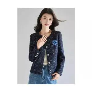 여성 봄 코트 가을 요야천금 럭셔리 실버 반짝이 트위드 네이비 DUCHI1