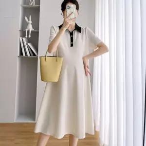 부드럽고 베이직한 소재로 편안하게 착용 가능 카라 배색 포인트 단추 임산부 원피스 미디 패션