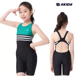 [텐제로]스키즈 여아 X자형 반전신 실내수영복 민트블랙 키즈 주니어 SE5GS618OBK