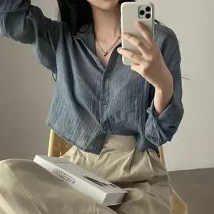 여름셔츠 세미크롭 면 여름 여자 여성 긴팔 얇은 셔츠