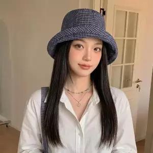 /옷자락 여자 체크 리본 가벼운 소두핏 버킷햇