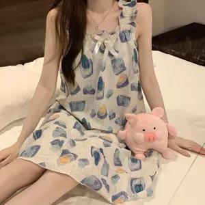 여성 캡 내장 나시 원피스 파자마 잠옷 다이아리본