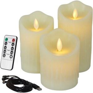 LED초 USB 충전식 깜박이는 파라핀 기둥 심지 춤 홈 3개 이동 양초 인테리어로 타이머 제어 팩 원격
