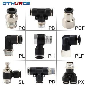 공압 공기 커넥터 피팅 PC/PCF/PB/PD/PH/PL/PLF/PX/SL 4mm 6mm 8/10mm 나사 1/8 1/4 3/8 1/2 검정색 플라스