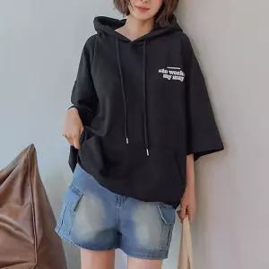 레터링 오버핏 후드 반팔 맨투맨 면 여성 빅사이즈