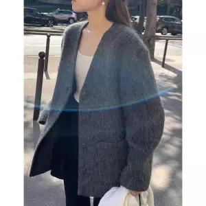 여성 울 숏코트 레트로 포켓 더블 코트 겨울 자켓 V넥 오버핏