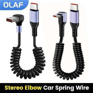 66W 90 ° 스프링 타입 C to USB 케이블 6A 고속 충전 차량용 데이터 (아이폰 호환15, 삼성 호환, 샤오미,