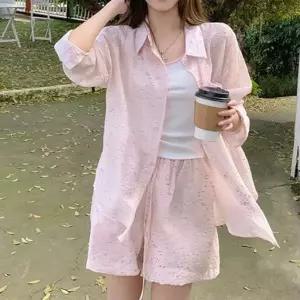 셔츠 루즈핏 나시티 시스루 여성 셔츠 반팔 쓰리피스 상하의 파자마 반바지 여름 밴딩 팬츠 코디