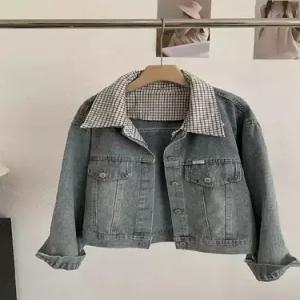 여성용 빈티지 싱글 데님자켓 체크칼라 청자켓 봄가을 긴팔 DUCHI1