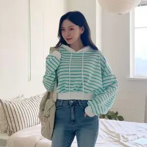 |KHTA591|여성 모던 스트라이프 배색 크롭 후드 티셔츠