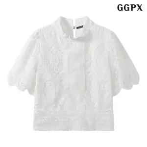 퍼프 소매 펀칭 자수 반팔 블라우스 (GQABA026D)