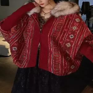여자 봄 코트 에스닉 토템 셰니어 퍼 칼라 케이프 DUCHI1