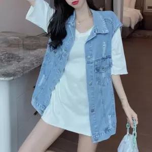 [하프클럽/]여성용 일상 캐주얼 연청색 데님 그래픽 베스트