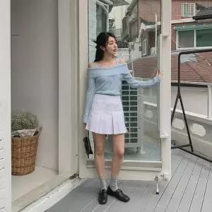 [하프클럽/]여성 모던 오프숄더 골지 니트 스웨터 단추
