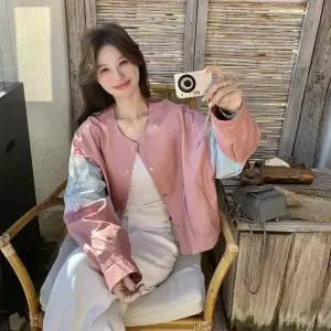 여성용 가죽 블레이저 봄가을 베이비핑크 자수 레더 재킷 감성 코트 DUCHI1