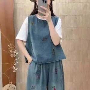 마요 데님 빈티지 자수 민소매 조끼 탑 풀오버 라운드 여성조끼 솔리드 UNO1