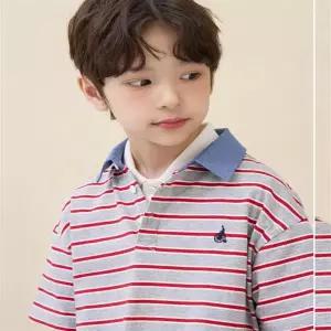 빈폴 키즈 데님 포인트 칼라 스트라이프 럭비 반소매 티셔츠 - 그레이 (BI6342U02