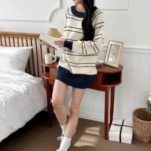 데일리 니트 배색 데일리 루즈핏 간절기 가을 나들이 긴팔티 원피스 여성 미니 하객룩
