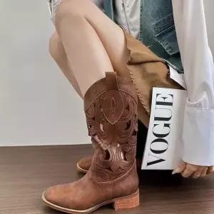 데님 여사친 여름 빈티지 슈즈 펀칭 미들 웨지힐 부츠 가죽 웨스턴 자수 리얼 중굽 BE5