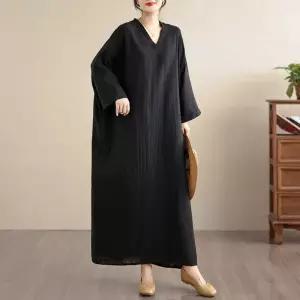 여자 원피스 면 가을 빈티지 미리준비 여행 린넨 롱스커트 솔리드 초 바캉스룩 브이넥 OOTD3