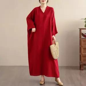 여자 원피스 면 가을 빈티지 미리준비 여행 린넨 롱스커트 솔리드 초 바캉스룩 브이넥 OOTD3