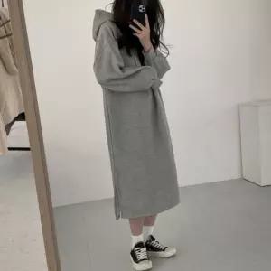 기모 체형커버 아이템 밑트임 롱 후드 루즈핏 원피스