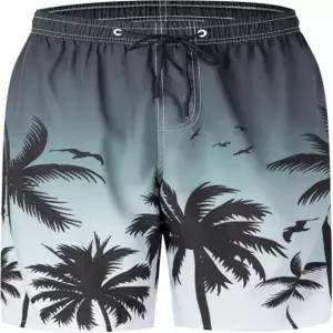 남성 수영 트렁크 메시 안감이 있는 퀵 드라이 보드 반바지 통기성 핏 프린트 비치 수영복 Small Black White Palm