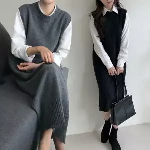 |CCJ6FC6|여성 심플 라운드넥 롱 니트 조끼 간절기 슬릿 베스트