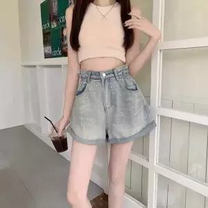 여성 바지 청 빈티지 스모크 롤업 꽃봉오리 반바지 A라인 와이드 청반바지 허리 SPO마켓1