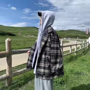 하프 남성 모직 가을 빈티지 투피스 루즈핏 체크 코트 재킷 가짜 원픽3