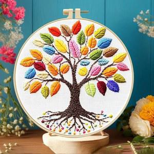 초보자를 위한 진칭 무지개 나무 자수 키트 - 후프 및 풀 툴이 포함된 29x29cm 인쇄 원단 (C0060)