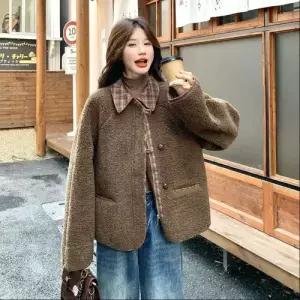 여친 동계 빈티지 체크 상의 모피 일체형 따뜻한 램스울 반팔 코트 DUCHI2