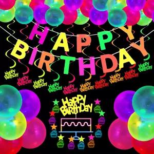 글로우 네온 파티 용품 세트 인 더 다크 해피 생일 배너 UV 블랙 라이트 리액티브 케이크 토퍼가 위해 형광