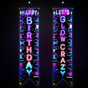 테젬 2개 글로우 파티 장식 배너 네온 생일 축하해 렛츠 크레이지 현관 사인 블랙 라이트 인 더 다크 도어