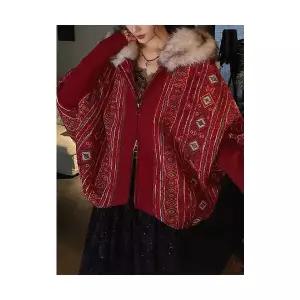 여성 봄 코트 에스닉 토템 셰니어 퍼 칼라 케이프 DUCHI1