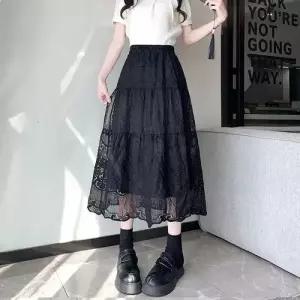 여성용 스커트 롱 여름 레이스 A라인 하이웨스트 자수 쉬폰 봄여름 프렌치 DUCHI2