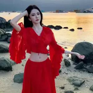 치마 여성 레드 가을 쉬폰 비치 바캉스룩 해변 브이넥 카디건 DUCHI3