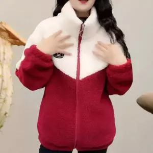 여성용 두꺼운 플러시 스탠드 칼라 지퍼 클로저 벨벳 재킷 긴팔 포켓 카디건 아우터 컬러 블록 겨울 코트