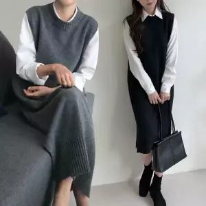 아트박스/신상오픈런 여성 심플 라운드넥 롱 니트 조끼 슬릿 베스트