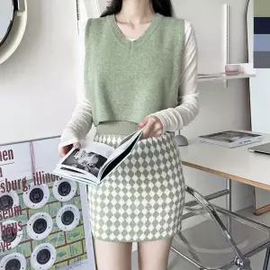 아트박스/신상오픈런 여성용 브이넥 크롭 니트 베스트 레이어드 조끼