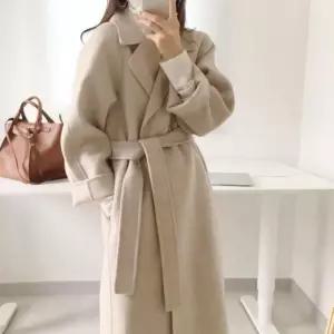 클래식 여성 모직 더블카라 겨울 허리끈 코트