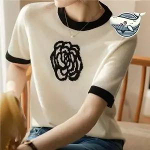 ( )여성 여름 시원한 니트 티셔츠 아이보리 넥 라운드 여성 여름 썸머 니트 반팔 여자 티